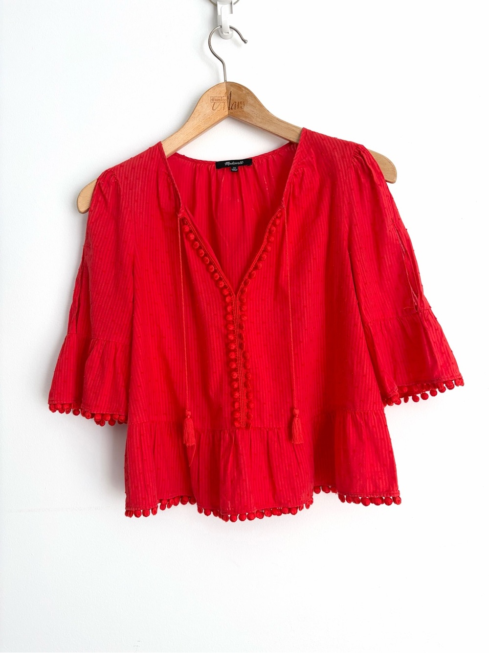 Madewell - Red Swiss Dot Pom Pom Peasant Blouse - Size XS
